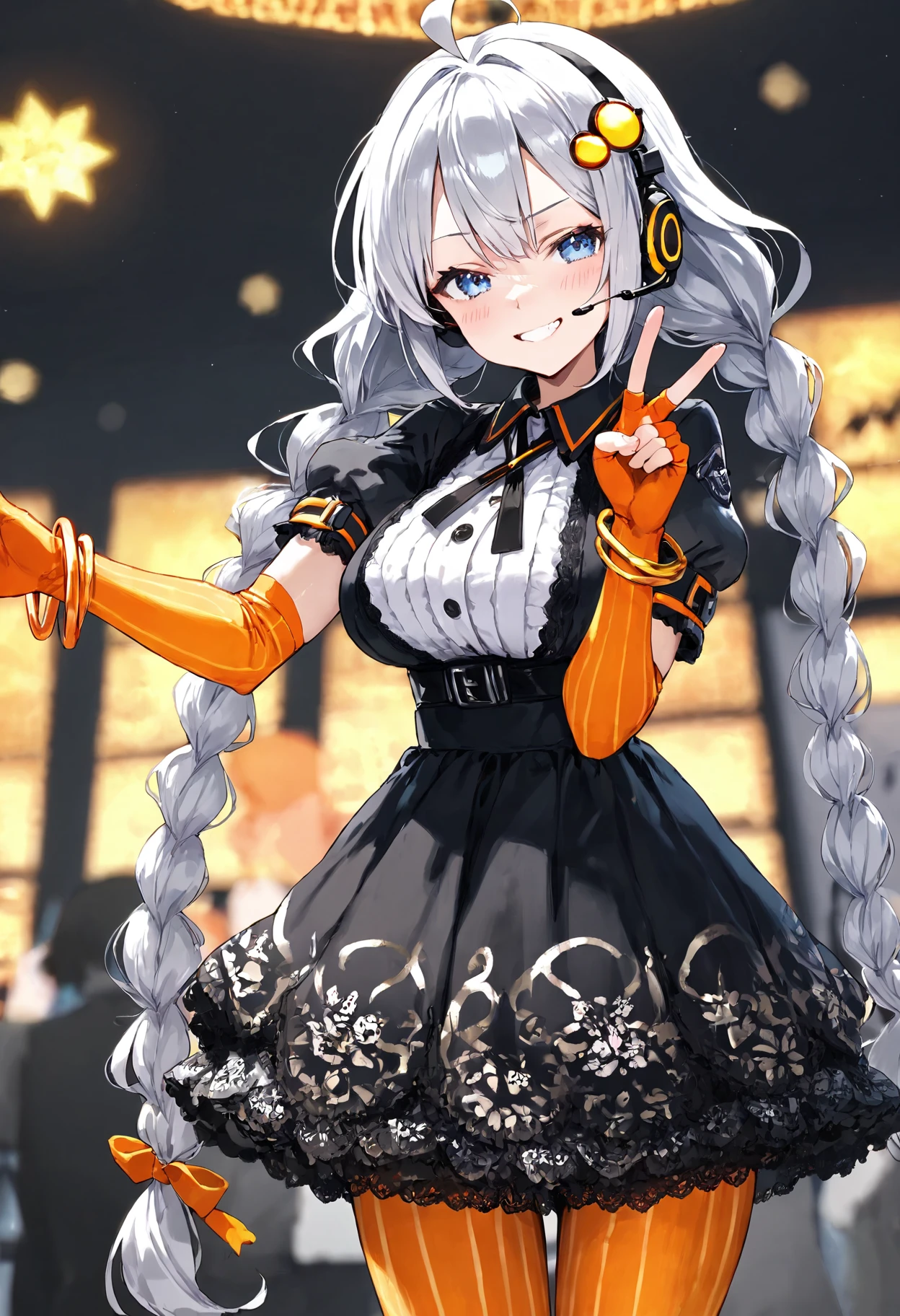 score_9, score_8_up, score_7_up, 
 <lora:KizunaAkari_MMD_Pony_V1:0.95>blue eyes, grey hair,  ahoge, twin braids, braid, very long hair, hair ornament, hair tubes, headphones, headset, 
black dress,  lace-trimmed dress, short sleeves, puffy sleeves, 
orange gloves, striped gloves, elbow gloves, fingerless gloves, bracelet, 
orange pantyhose, striped pantyhose, 
star print, star (symbol), vertical stripes, 
from front,, looking back,, Portrait,,
A cafeteria, delicious food, a big bowl in one hand,Depth of field, blur background,
smile,cowboy shot,huge brests,
smug, smirk, blush,peace sign, double peace sign,