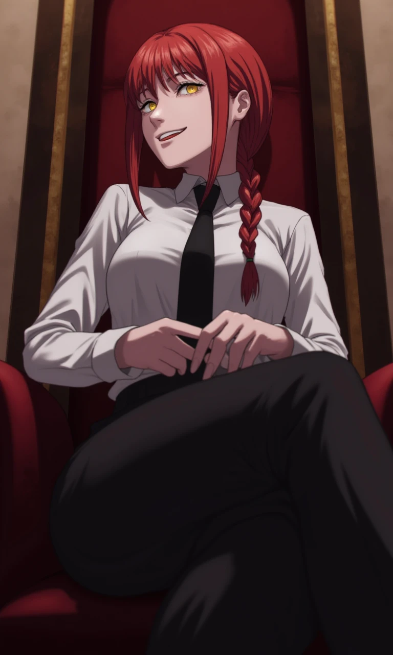 flux_makima, woman, collared shirt, white shirt, black pants, black necktie, red hair , sidelocks, yellow eyes, single braid, evil smile, evil, indoors, throne,  sitting, crossed legs, cowboy shot, from below