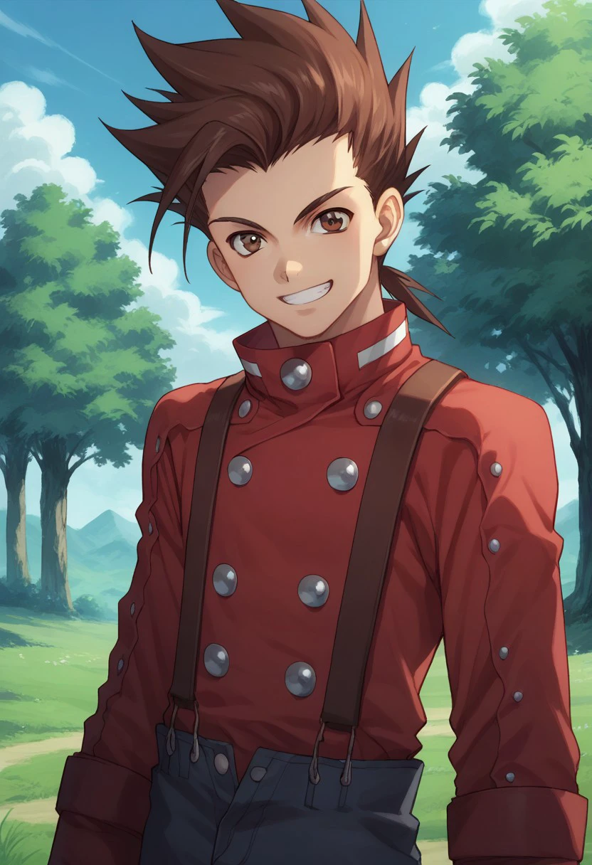 score_9, score_8_up, score_7_up, source_anime, highly detailed, 
lloyd, 
1boy, brown hair, red shirt, male focus, solo, shirt, gloves, brown eyes, spiked hair, suspenders, looking at viewer, smile, grin,
outdoor, sky, tree