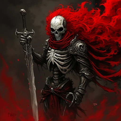 AssassinKahb style a demonic looking skeleton holding a sword with red hair