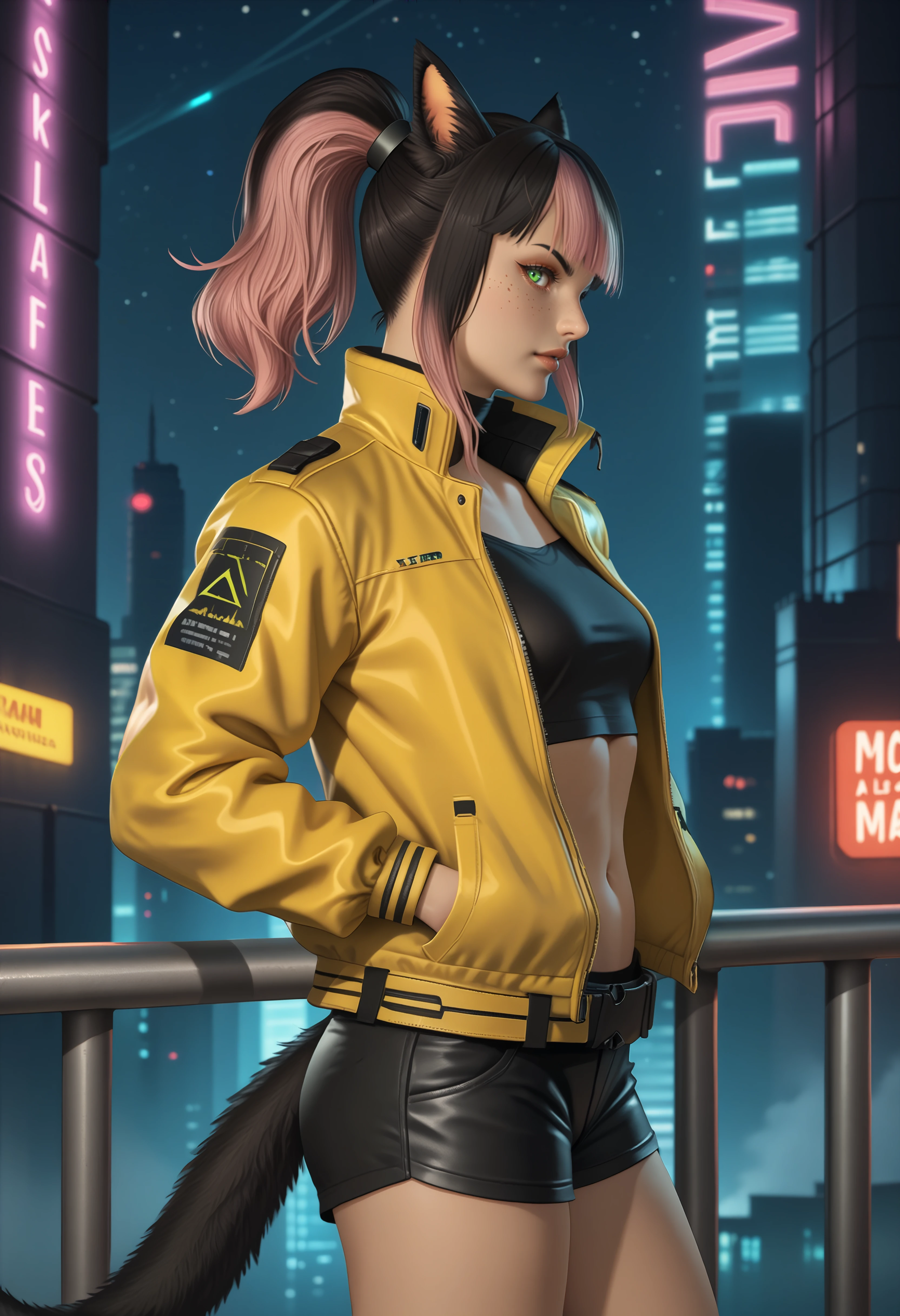 score_9, score_8_up, score_7_up BREAK solo, 1girl, xivmc, animal ears, two-tone hair, ponytail, green eyes, slit pupils, freckles, tail, makeup, leather jacket, yellow jacket, high collar, black shirt, midriff, belt buckle, shorts, looking at viewer, hands in pockets, against railing, outdoors, cyberpunk city, neon lights, neon sign, skyscraper, science fiction, sci-fi, futuristic, dark, night sky, starry sky, side view, <lora:clamXIVMC_v31:1>