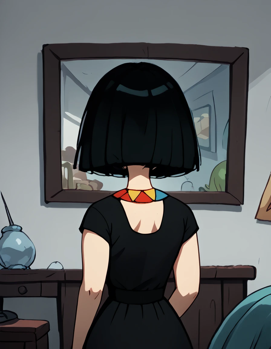 <lora:Ms_Mushburgur:1> 1girl, pale, artsy, makeup, black bob-cut hair, blunt bangs, colorful necklace with red blue yellow triangles,  black dress, portrait, indoors, facing away, back of the head,, source_cartoon, score_9, score_8_up, score_7_up,