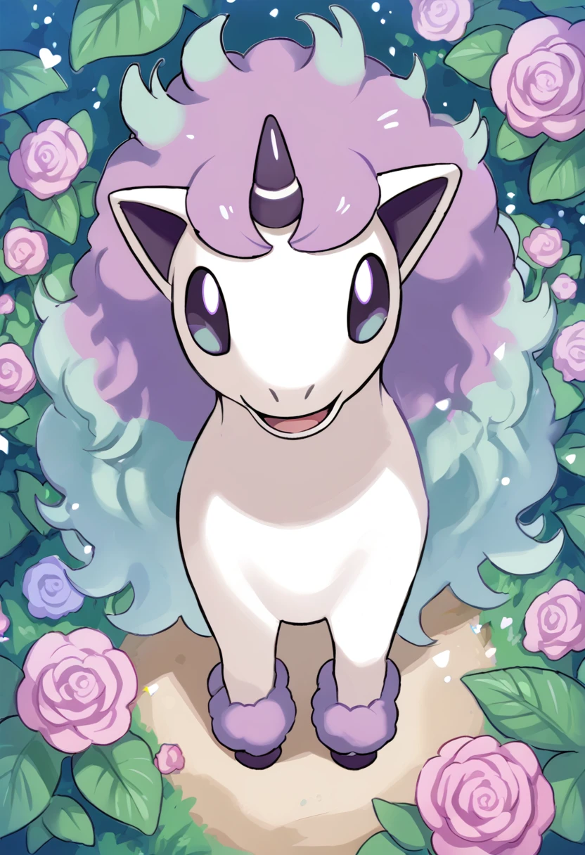 score_9, score_8_up, score_7_up, source_anime  BREAK
garden, flower field, flowers, roses
G_P0NYT4, white fur, white body, quadraped, purple and teal mane, purple and teal tail, purple and teal fetlocks, purple eyes, light blue irises, purple hooves, horn, purple horn, white stripe,  purple inner ears, animal focus, no humans, pokemon (creature)
(standing:1.5), facing viewer, looking at viewer, smile, happy, (open mouth:1.2), (looking up:1.3), (from above:1.5)
 <lora:Galarian_Ponyta-000011:1>