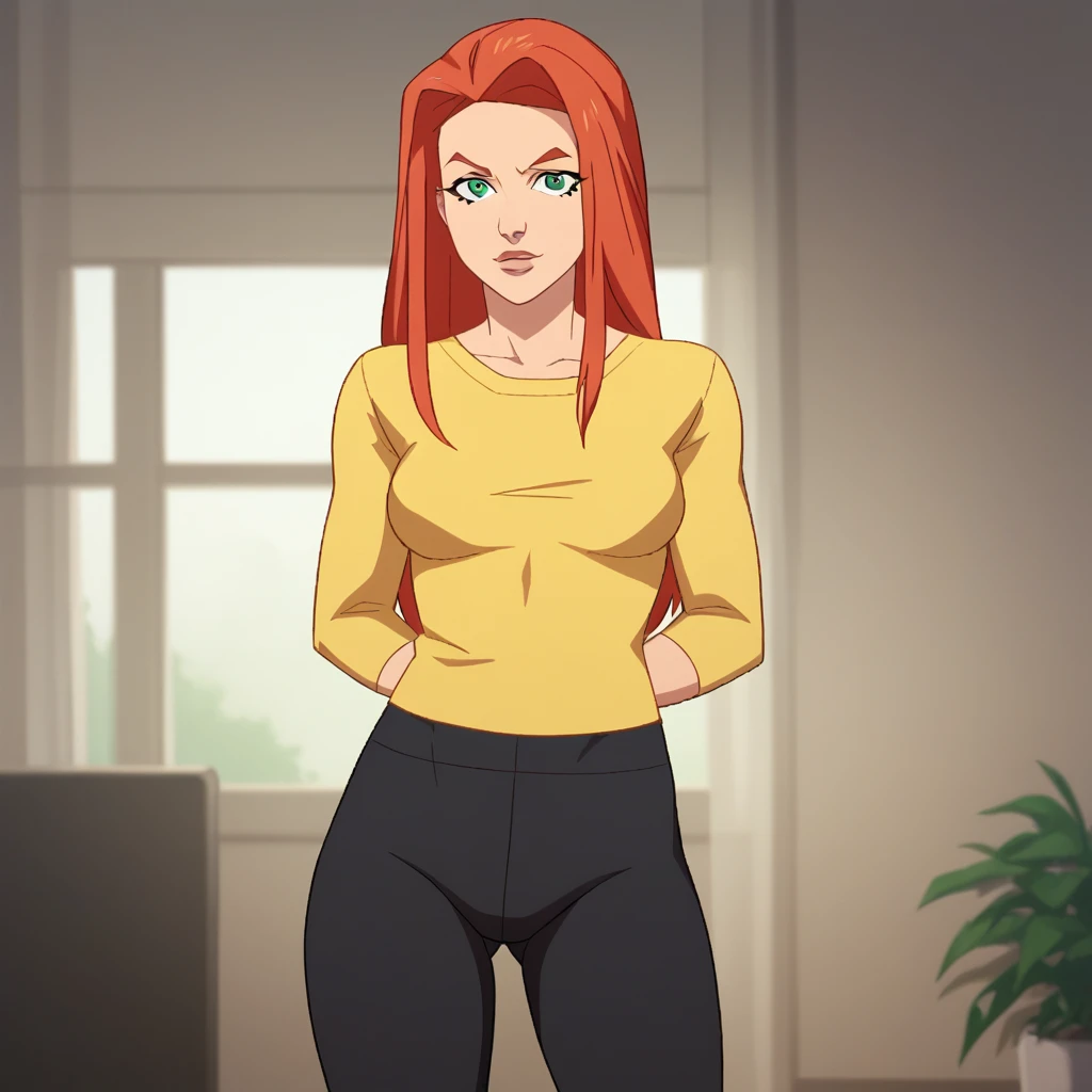 score_8_up, BREAK, atomeve, 1girl, solo, red hair, long hair, green eyes, yellow shirt, black leggings, indoors, cowboy shot,  <lora:AtomEve_PXL_Leaf1:1>, looking at viewer,