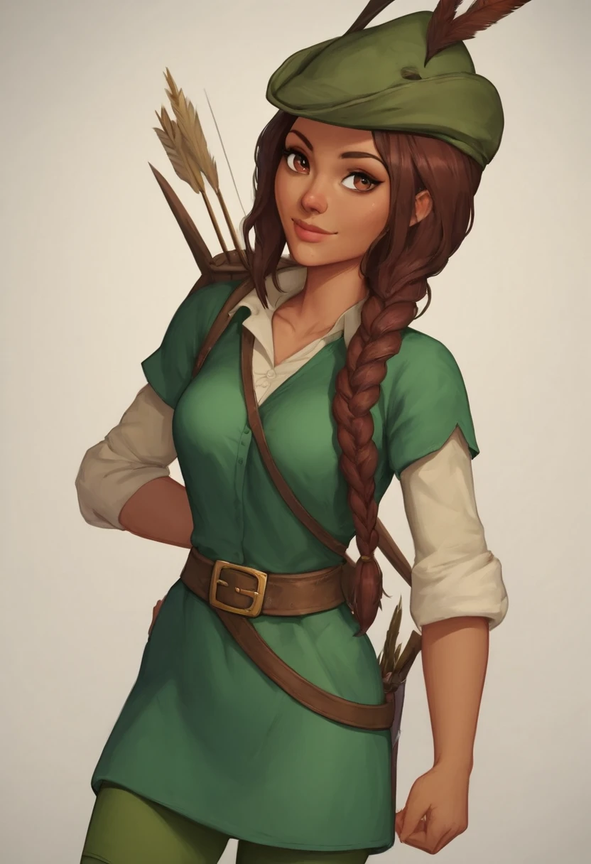 score_9, score_8_up, score_7_up, 1girl, solo, carol_of_the_arrow, brown hair, brown eyes, dark skin, braid, long hair, belt, hat, green tunic, green tights, posing, light smile, simple background