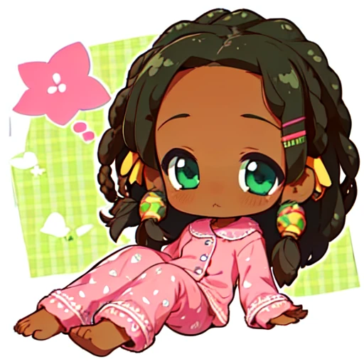 (masterpiece, best quality) 1girl, chibi, dark-skinned female, green eyes, dreadlocks, pink pajamas, sleepy <lora:unknown_chibi_style1:1>