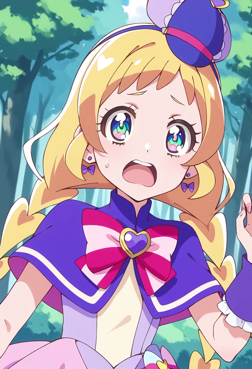 score_9, score_8_up, score_7_up, source_anime, BREAK
cure friendy, 1girl, blonde hair, solo, earrings, open mouth, long hair, wrist cuffs, tree, looking at viewer, witch hat, blue eyes, teeth, outdoors, upper body, multicolored eyes, capelet, sweatdrop, day, upper teeth, bowtie, purple headwear, purple capelet, blue headwear, forest, purple bow, anime coloring, hair bow, striped bow, shiny hair, top hat, bangs, pink bow, aqua eyes, claw pose, portrait, scared, close-up, multicolored neckwear, mini witch hat, ribbon, green eyes, eyelashes, short sleeves, surprised, nature, low twintails, hand up, striped neckwear, frills, sweat, blue sky, hat bow, pink neckwear, sailor hat, blue bow, face, d:, round teeth, blurry background, bow earrings, heart earrings, pink headwear, cloud, :o, wide-eyed, frilled sleeves, heart brooch, twin braids, multicolored bow, deerstalker, dot nose, hat ornament, purple dress, upper teeth only, tilted headwear, dress bow, pouch, low twin braids, gradient eyes, purple eyes, pink eyes, frown
<lora:cure_friendy_inukai_iroha_sdxl_locon_pony_v1:0.7>