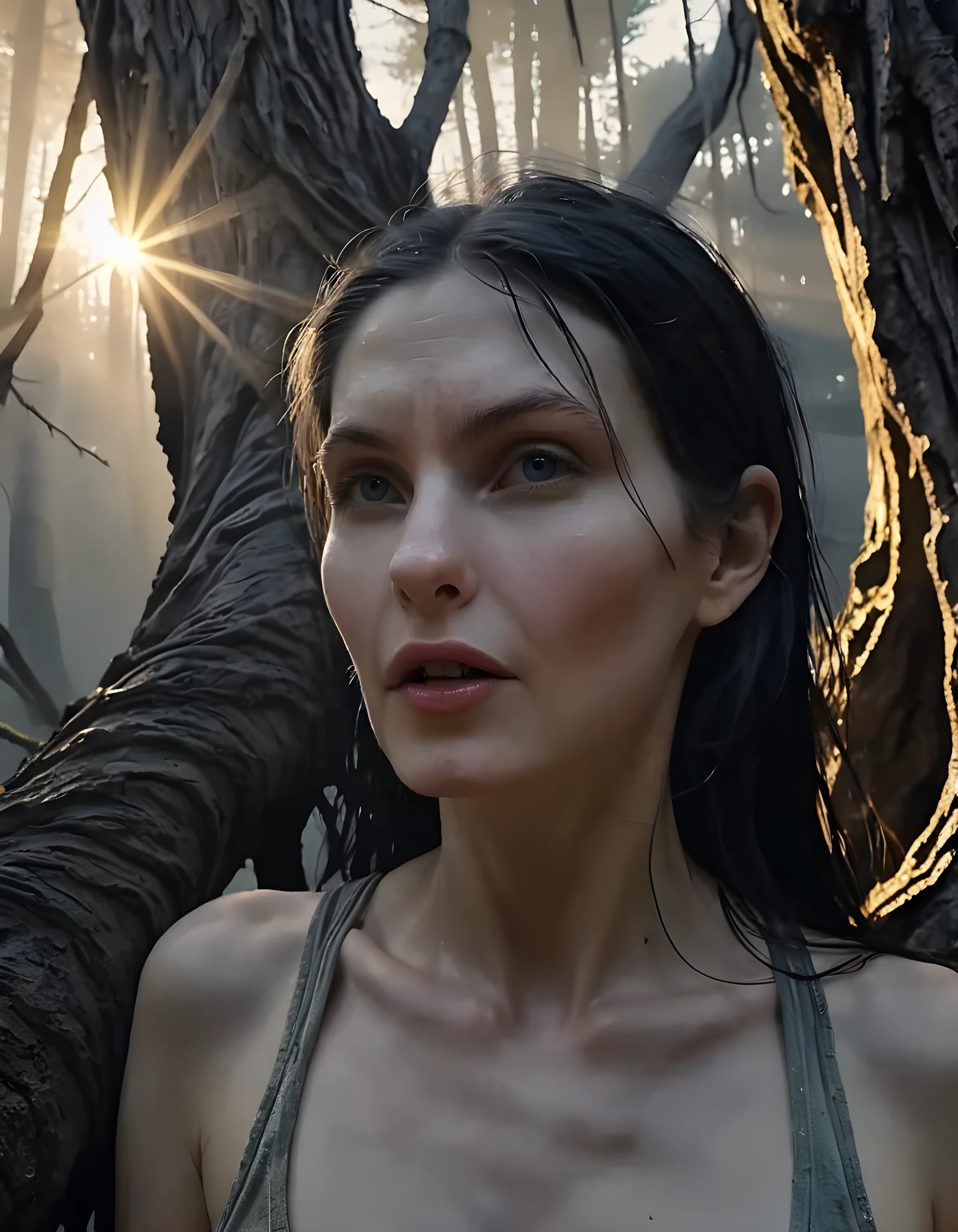 In a hauntingly surreal, twilight forest landscape, the ethereal figure of N4T45H4, a woman with black hair cascading down her back like a waterfall of obsidian, stands against an ancient, gnarled tree. The setting sun casts a golden glow on her face, illuminating her striking features and piercing gaze that seems to penetrate the viewer's very soul. Her lips are painted a vibrant shade of n4t45h4, matching the neon-lit, body-con shirt she wears, clinging to her figure like a second skin. The camera angle is low and close, giving an intimate and intense perspective on the woman's expression as she stares intently at the viewer, creating an eerie and captivating atmosphere that leaves one feeling both mesmerized and slightly unnerved.