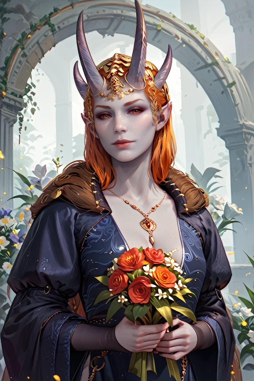 score_9, score_8_up, score_7_up, score_6_up
<lora:BGMizora:1.0>
BGMizora, 1girl, orange hair, horns, grey skin, hair ornament, pointy ears, looking at viewer, as the cover model for a fashion magazine, fierce pose, wearing a bold and edgy outfit, Holding a bouquet of flowers