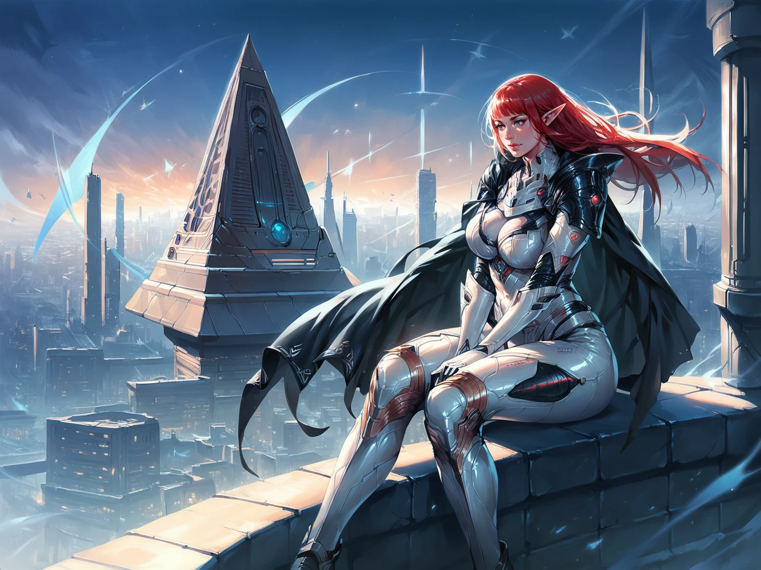 adult woman, mature, white skin, red hair, long hair, curvy, large breasts, pointy ears, blue eyes, black cape, white armor, sitting, roof, skyline background, night, purple pyramid, science fiction, wind, solo, <lora:Lineage_2_r1:0.8>, score_9, score_8_up, score_7_up