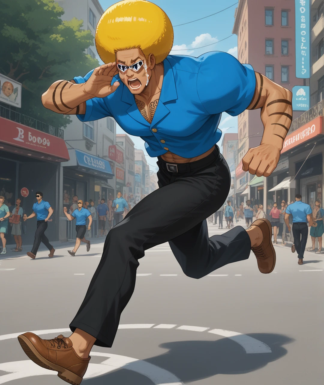 score_9, score_8_up, score_7_up, funny, comical,
BREAK
1boy, solo, bobobo-bo bo-bobo, afro, blonde hair, muscular, blue shirt, black pants, brown footwear, (sunglasses), chest hair, arm hair, dark-skinned male, manly, running, fleeing, full body, (streaming tears, crying, open mouth), sad, (arms up, flailing), 
<lora:Bobobo-bo_Bo-bobo:1>