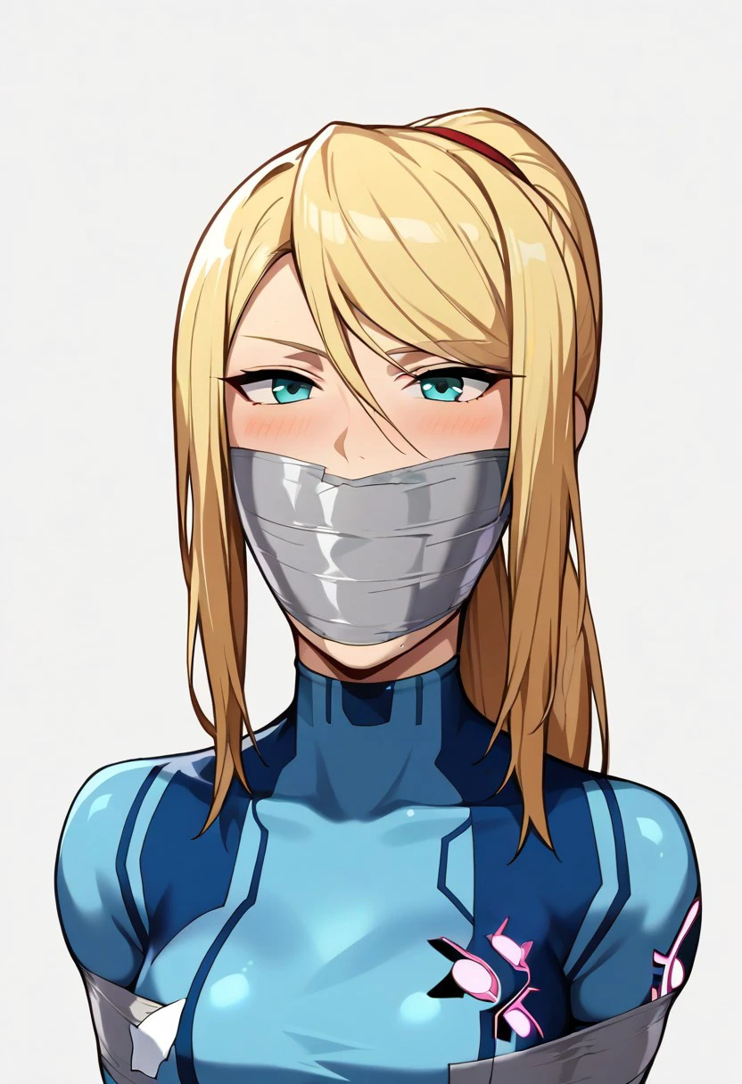 score_9,masterpiece,source_anime,2d,1girl, samus aram, blushed, wrap gag, tape gag