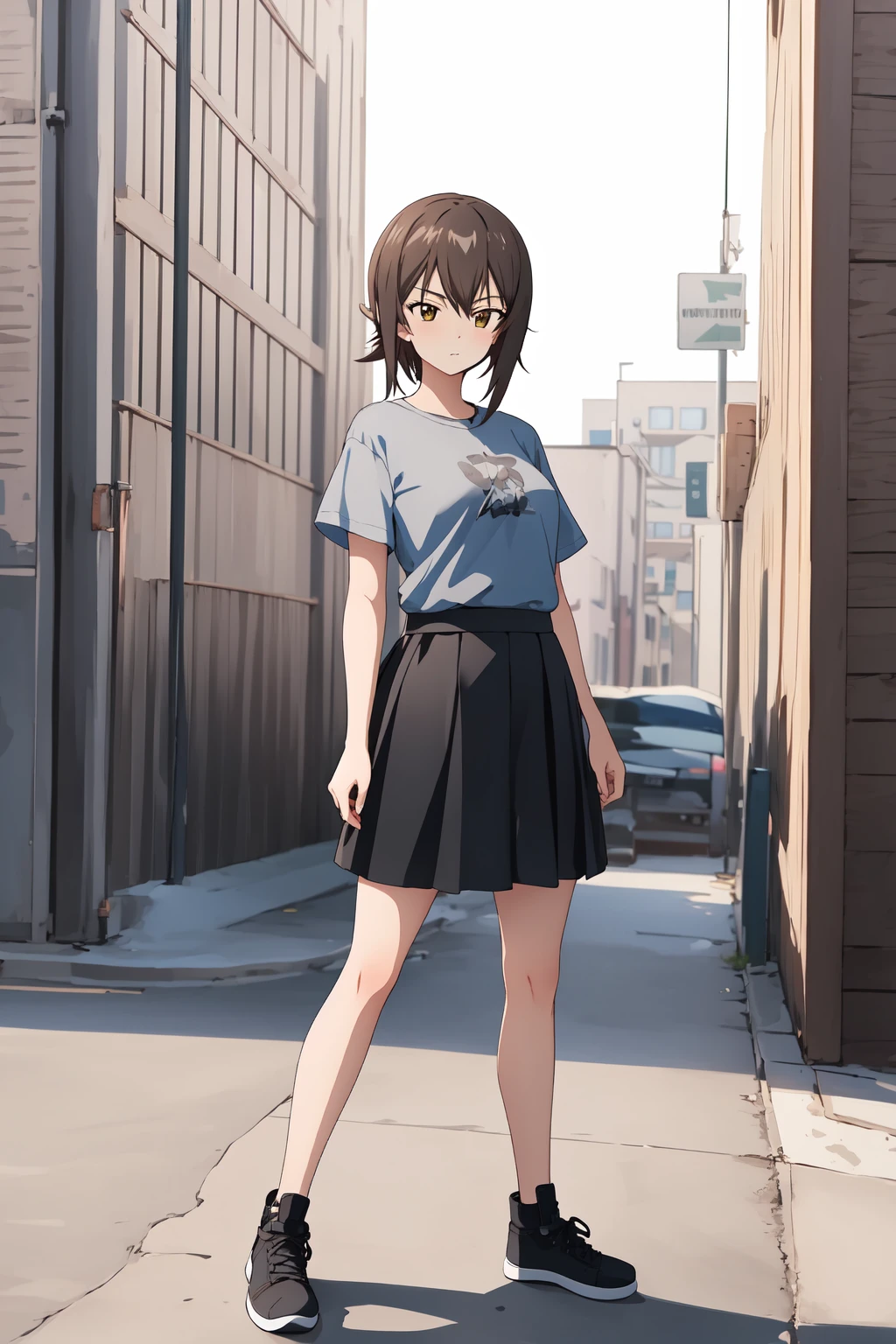 (RAW photo, best quality), 1girl,  natural lighting,
 <lora:girls_und_panzer_maho_1_2:1> panzer_maho,
black footwear, full body, black skirt, gray shirt,