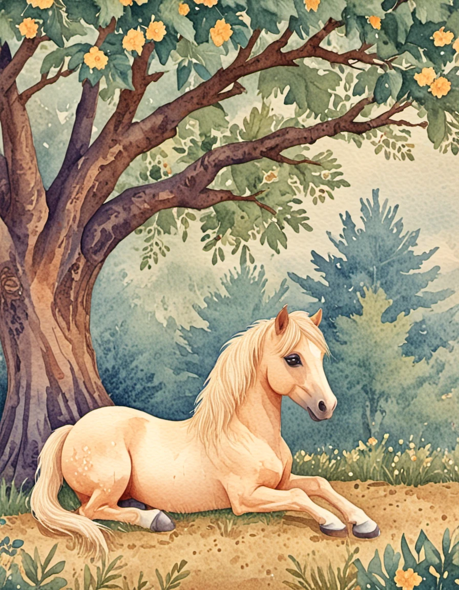 novuschroma75 style watercolor navarra pony sitting by a tree  <lora:novuschroma75 style:1>, <lora:sdxl_lightning_8step_lora:1>