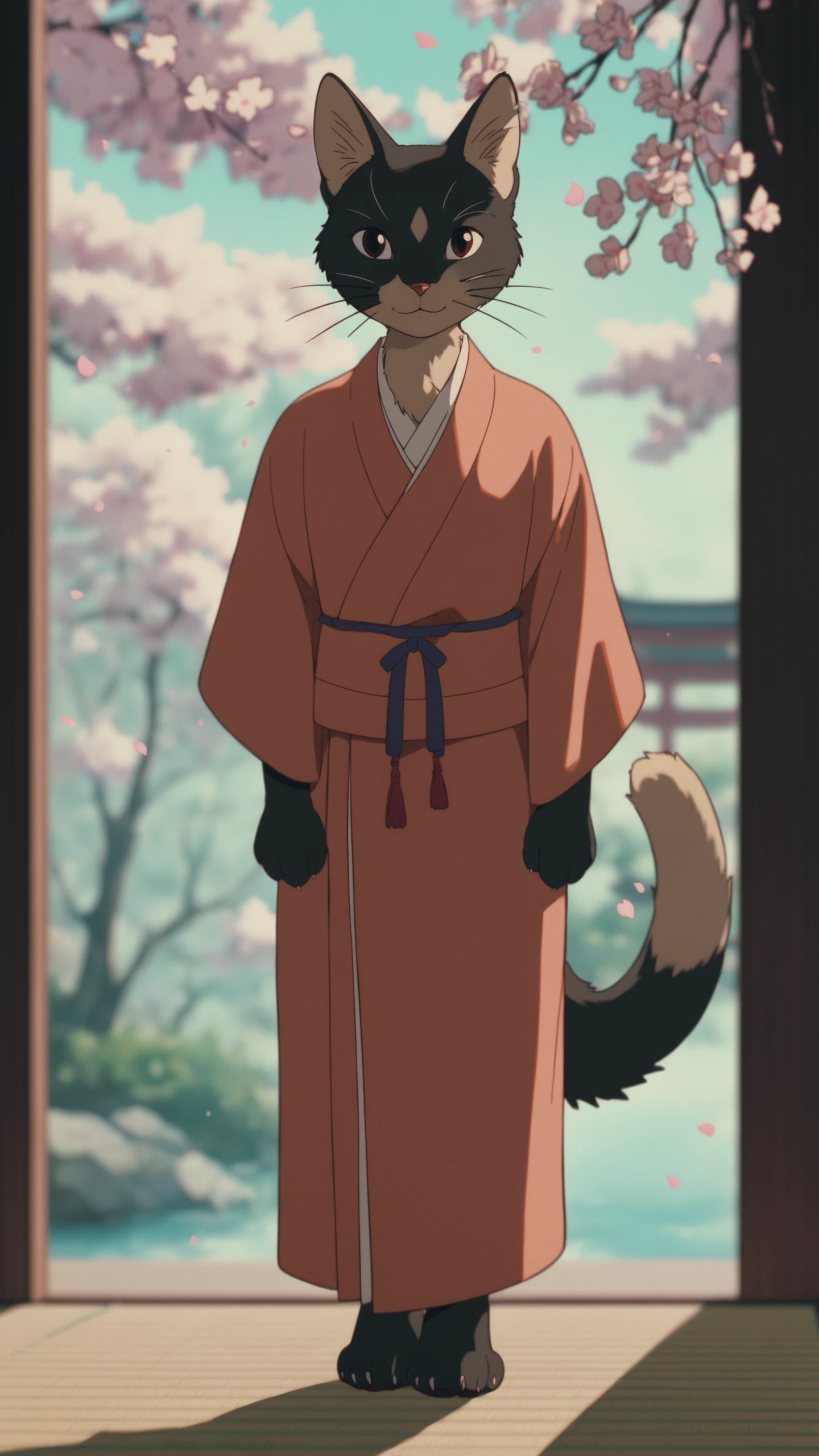 ghibli, score_9, score_8_up, score_7_up, i want the whole image to be created in 3D anime style, 1girl, solo, looking at viewer, smile, animal ears, brown eyes, closed mouth, standing, tail, full body, japanese clothes, kimono, blurry, petals, no humans, :3, blurry background, cat, cherry blossoms, furry, furry female, whiskers, pawpads