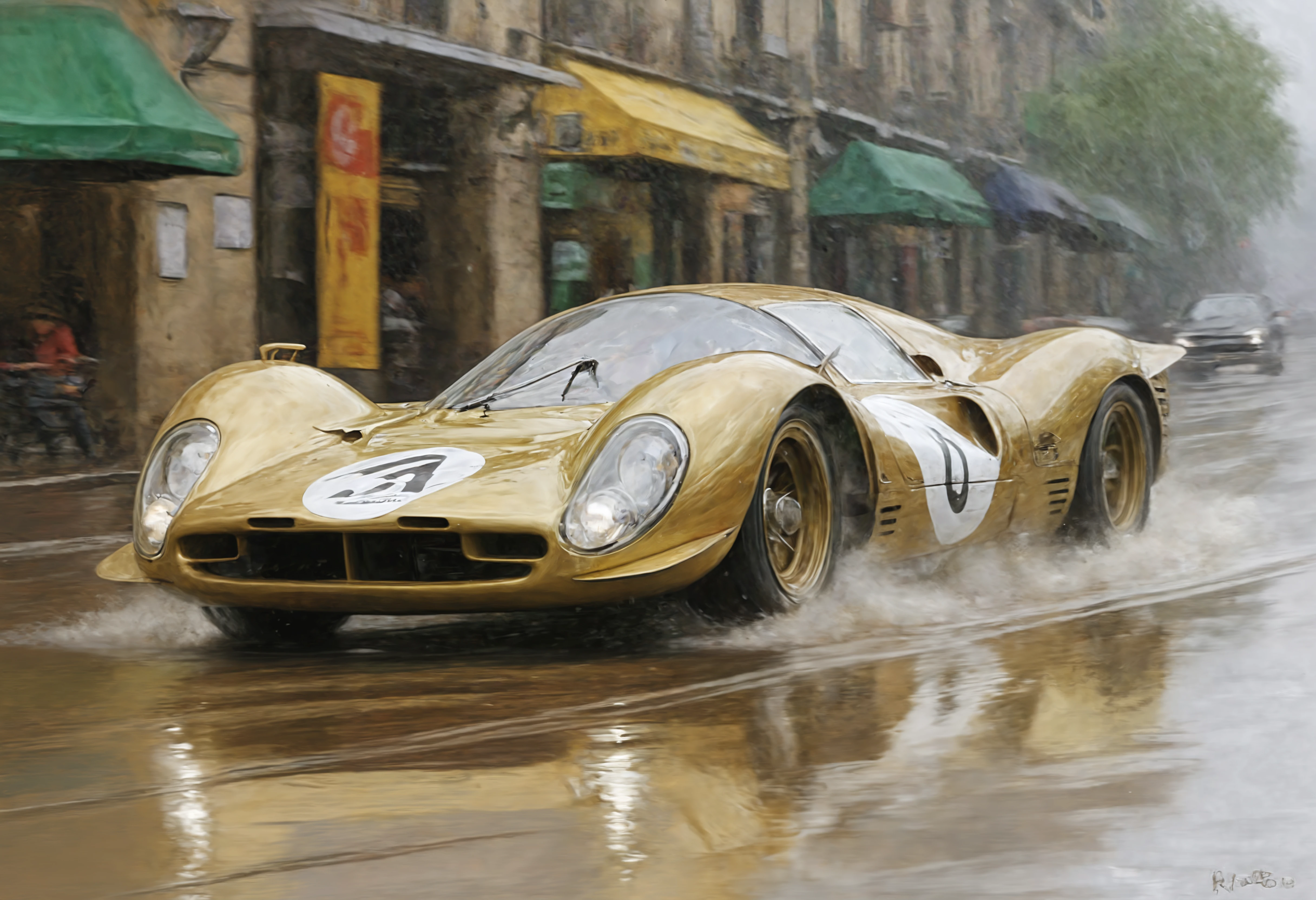 a impressionist oil painting of a Champagne Gold 4re33op4 sports car, (berlinetta:1.25), front view,     Barcelona, Spain: Art and culture by the Mediterranean., heavy rain, 