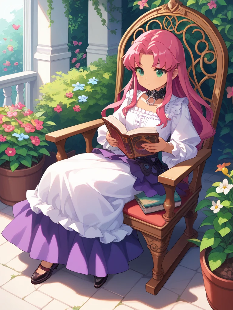 score_9, score_8_up, score_8,
Solo, 2.5d, highly detailed, intricate, beautiful aesthetic, anime artwork,
vibrant, extreme contrast, raytracing, dark colors, edgy, gothic,
starfire, teantitans, reddish pink hair, long hair, purple long dress with golden details, rocking chair, reading a book, flower garden, falling flowers,
expressive,