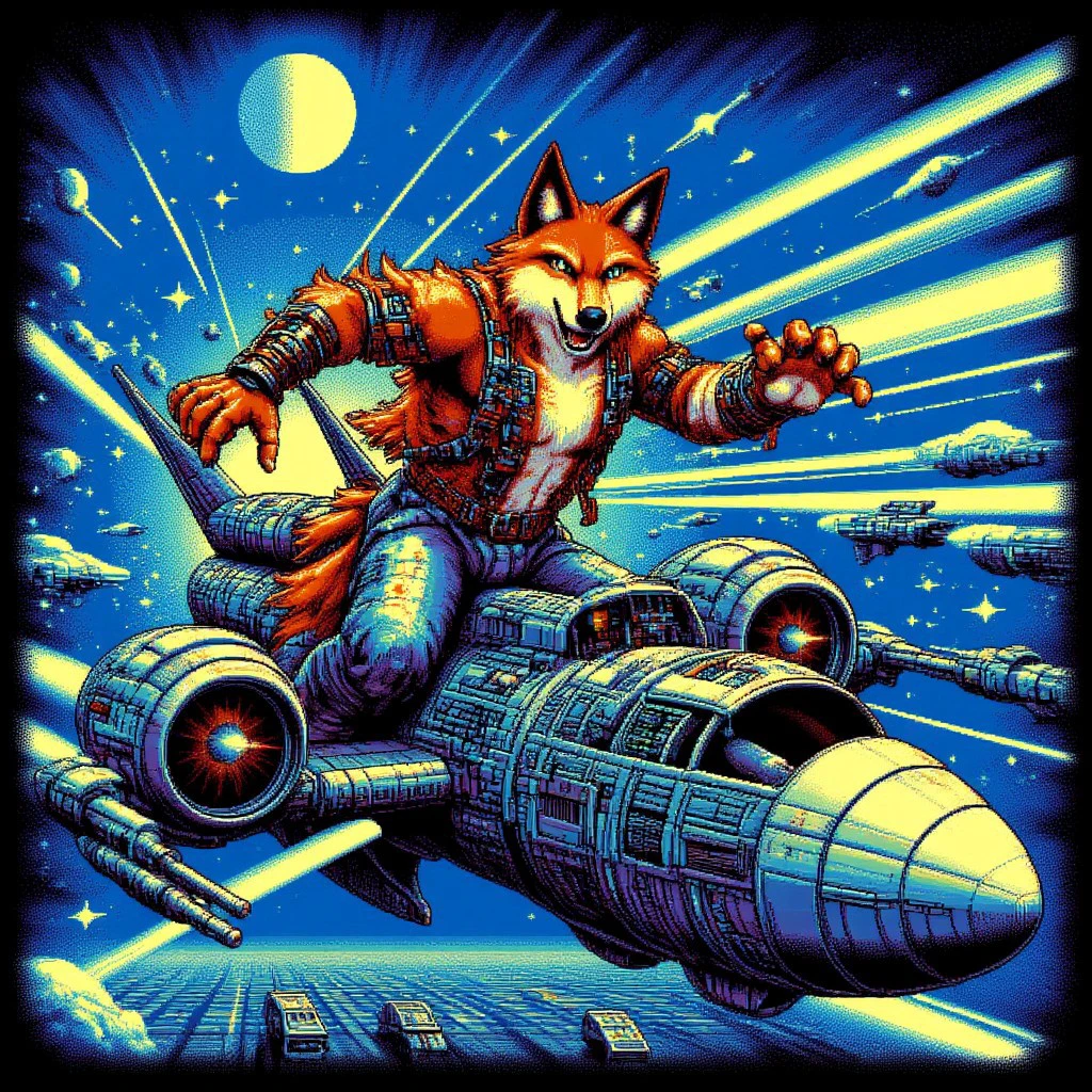 An anthro wolf man piloting a star fighter in pc98style