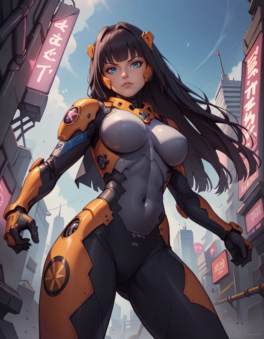 score_9, score_8_up, score_7_up,score_6_up, score_5_up, score_4_up ,
1girl, solo,
large breasts,
kaishimakodg, 
black hair, blue eyes, long hair,
pilot suit, armor, mecha musume,  
from below,
looking at viewer, 
city, neon lights, 
fighting stance,
 <lora:Kai Shimako PXL v01-000002:0.90>