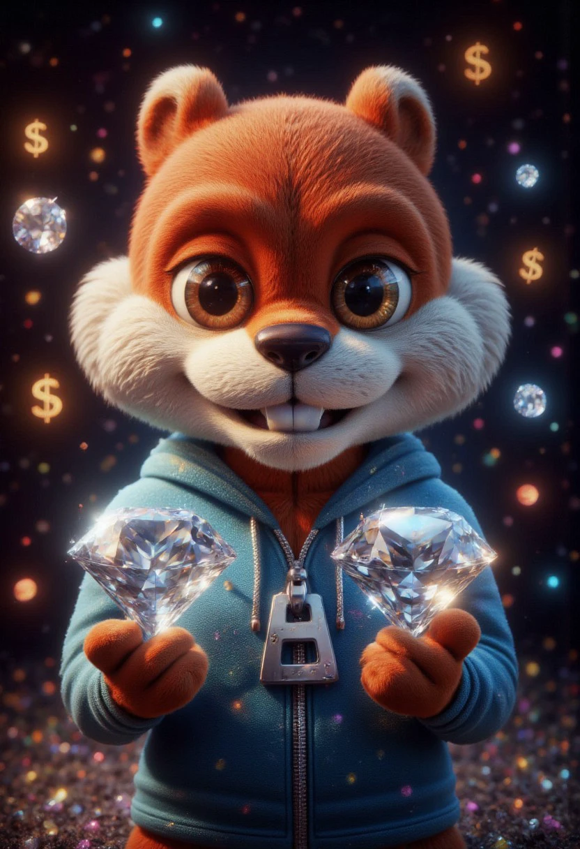 Photorealistic conker the short anthropomorphic cartoon squirrel in real life conker, wearing a blue hoodie .  highly detailed, realistic lighting with highly detailed fur. 
He is holding a fancy looking expensive diamond. He has a huge grin on his face and his eyes have been replaced with dollar symbols