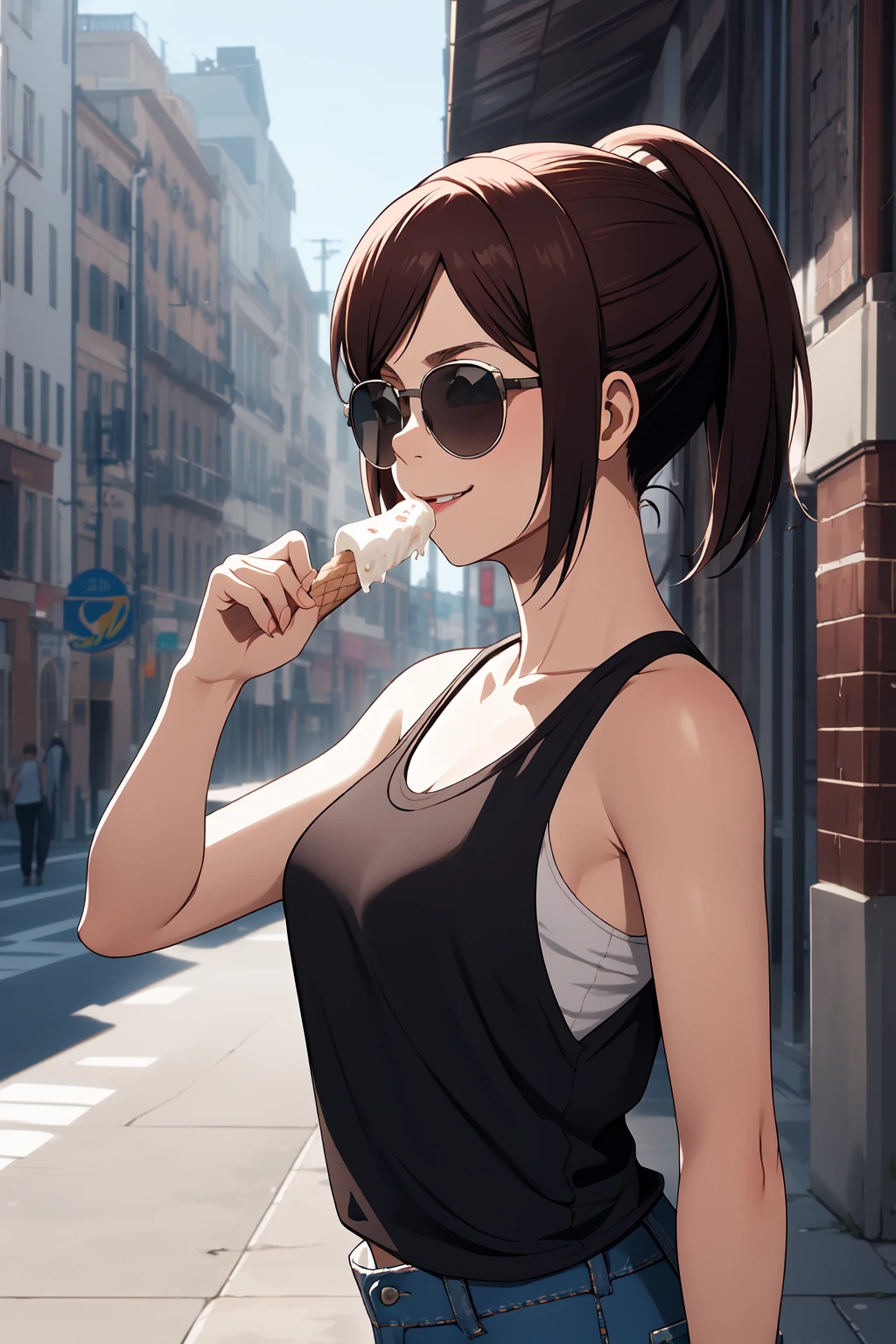 (RAW photo, best quality), 1girl,  natural lighting,
<lora:aot_sasha_young_v1_2:1> aot_sasha, smile, sunglasses on head, sleeveless, tank top, jeans short, eating ice cream, modern streets, city, busy,