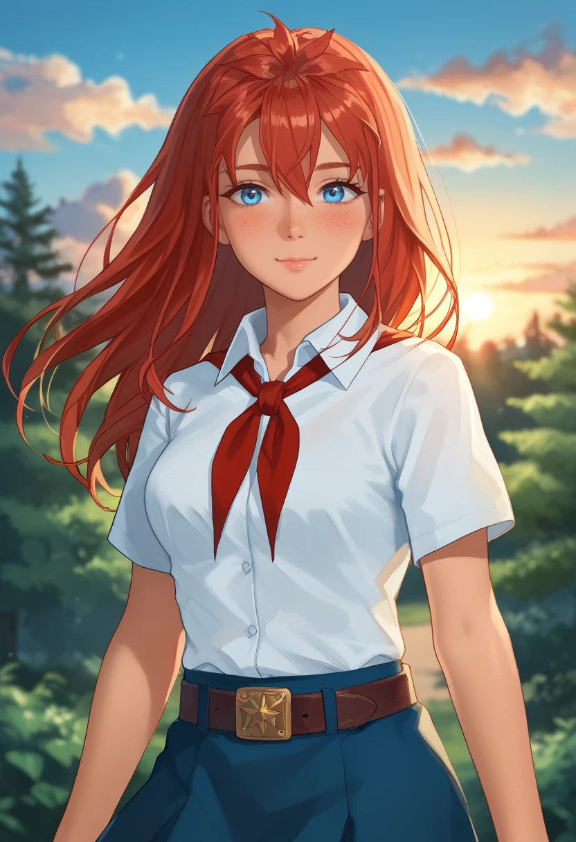 score_9, score_8_up, score_7_up,
best quality, masterpiece, ultra detailed,
22 years old, 170 cm height,
<lora:Expressive_H:1>, blush, closed mouth, light smile,
bokeh, blur, blurry background
looking at viewer,
portrait, dynamic pose, upperbody, 
<lora:Everlasting_Summer_Ulyana_adult_verion_by_GraffMetal_V1:1>, ulyana, long hair, red hair, blue eyes, dark skin, face freckles, medium breasts, body freckles, bangs, hair between eyes, straight hair, solo,
white collared shirt, short sleeves, red neckerchief, neckerchief, belt, blue skirt, school outfit, short skirt,
amazing background, outdoors, nature, sunset, cozy, star, stars, cloud, clouds, sky, wind, 
<lora:Everlasting_Summer_Vanilla_Art_Style_by_GraffMetal:0.7>,
<lora:Everlasting_Summer_Vanilla_Backgrounds_by_GraffMetal:0.7>,