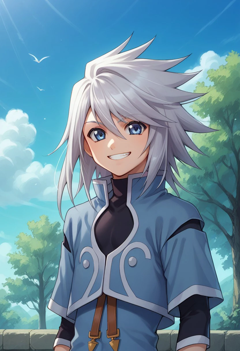 score_9, score_8_up, score_7_up, source_anime, highly detailed, 
genis, solo, male focus, 1boy, long hair, smile, shirt, shorts, jacket, black shirt, blue jacket, standing, looking at viewer, bracelet, jewelry, silver hair, upper body, blue eyes, slender, skinny, grin,
outdoor, sky, tree,