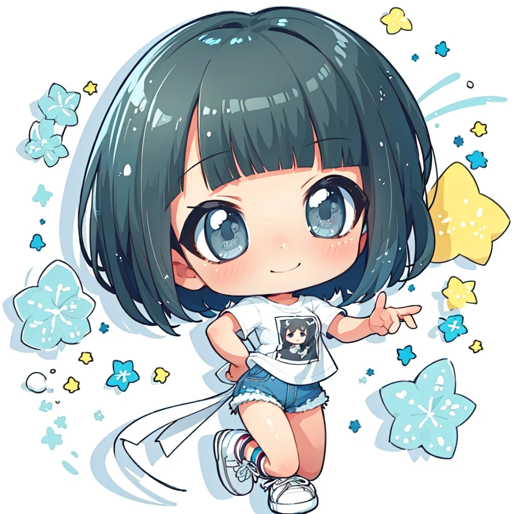 (masterpiece, best quality) 1girl, chibi, blunt bangs, bob cut, grey eyes, smirk, white t-shirt, denim shorts, sneakers <lora:unknown_chibi_style1:1>