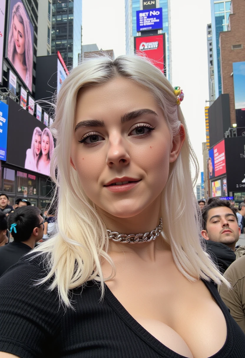 A action cam photograph of a p3r5on blonde hair, silver chain necklace, black top, choker, makeup, eyeshadow, eyeliner, lips, close-up, portrait, in Times Square. In the background there are people and buildings clearly visible