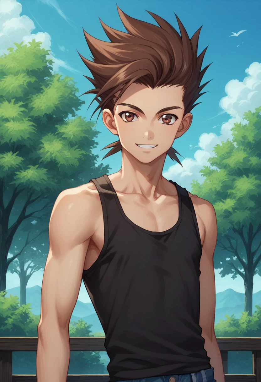 score_9, score_8_up, score_7_up, source_anime, highly detailed, 
lloyd, 
1boy, brown hair, male focus, solo, brown eyes, spiked hair, tank top, looking at viewer, collarbone, smile, slender, skinny
outdoor, sky, tree