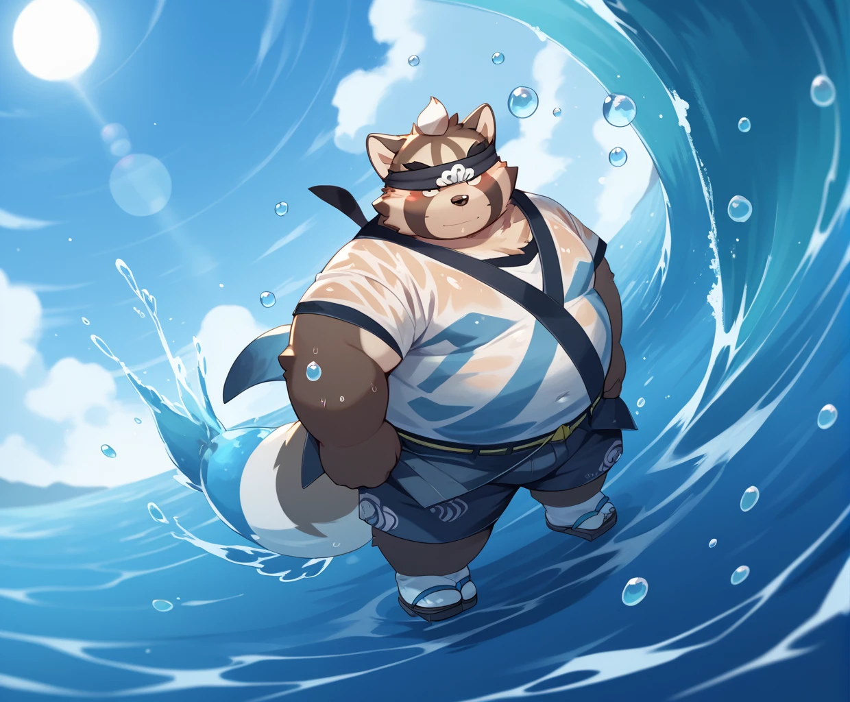 score_9,score_8_up,score_7_up,score_6_up,score_5_up,score_4_up,anthro,japanese clothing topwear,male,solo,full body,overweight,bottomwear,overweight male,fur,clothed,kemono,((((water drops)),wet clothes,((beautiful detailed water)),((floating)),dynamic angle)),<lora:shoen:0.8>,