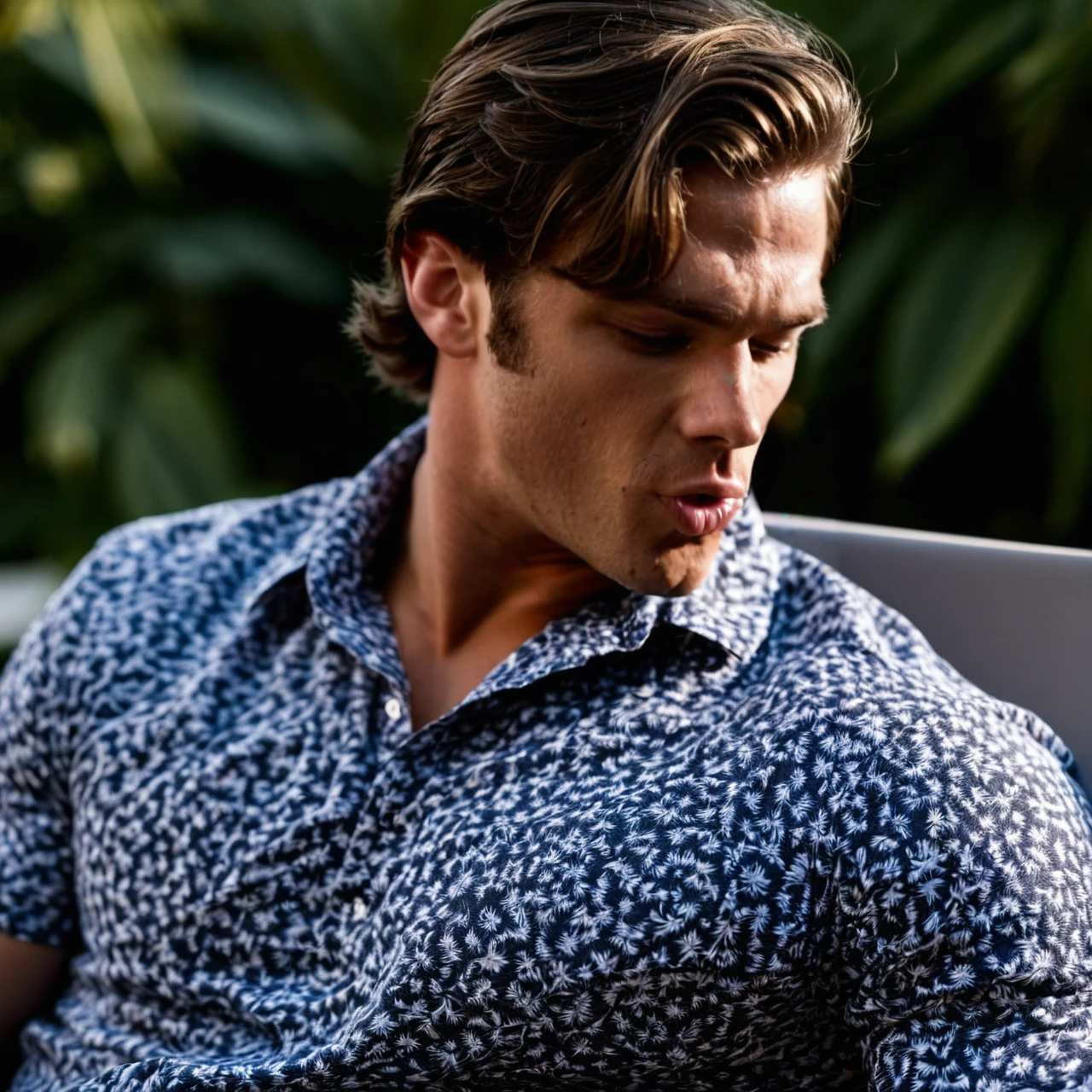 intricate details, ultra sharp, realism, realistic photography, (padalecki, 21 yo caucasian male model, athletic, looking down, slurp), on a patio lounge chair by a luxury swimming pool, wearing a luxury designer shirt, portrait, close up view