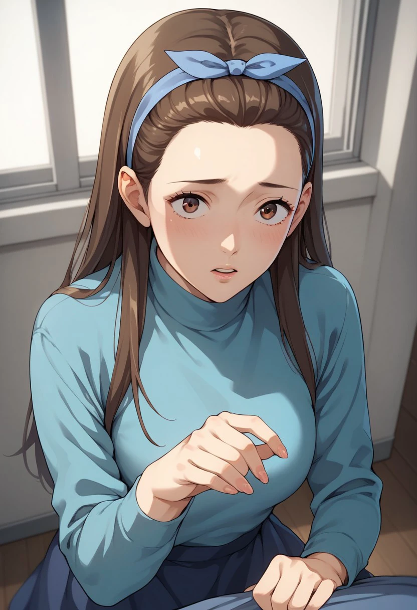 score_9, score_8_up, score_7_up, deep skin, shiny skin, source_anime, high quality, highres, KazukoMorinakaHB, 1girl, long hair, brown hair, brown eyes, hair slicked back, blue headband, hair ribbon, blue shirt, sweater, turtleneck, long sleeves, dark blue skirt, solo, worried, pov,