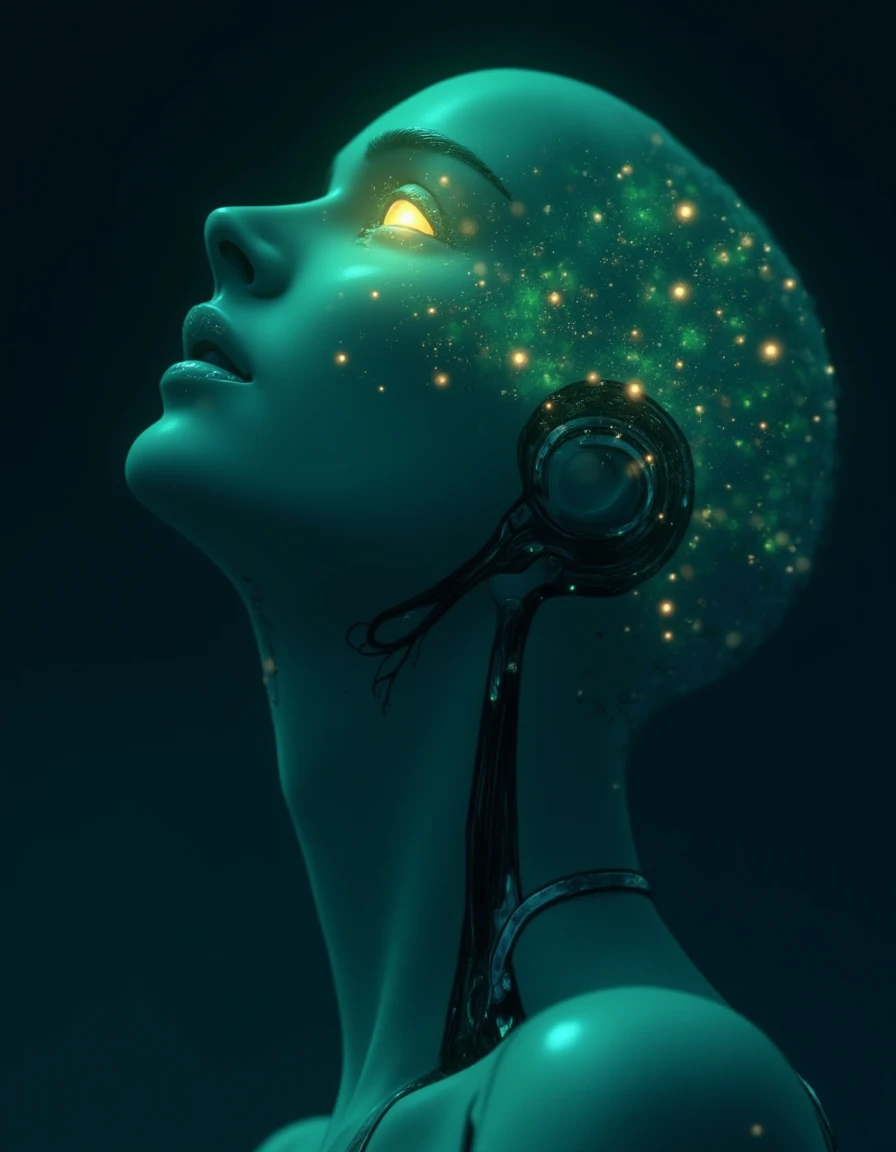 Anime screencap featuring a Minimalist and abstract side profile of a robot woman with a universe sprouting from her mind as she opens her eyes and attains consciousness for the first time in the dark. She has beautiful and intelligent bright orange eyes brimming with knowledge and benevolence. Mostly in hues of blue and green. <lora:Natalie_Portman_2004_FLUX_epoch_16:1>