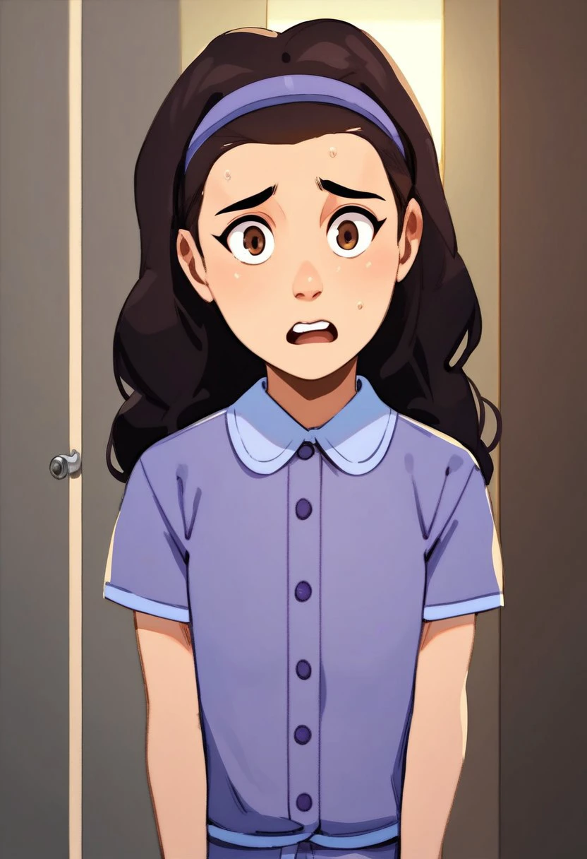 score_9, score_8_up, score_7_up, high quality, highres, MHPHEsther, 1girl, dark brown hair, long hair, brown eyes, purple headband, purple shirt, collared shirt, purple pants, short sleeves, pajamas, solo, indoors, hallway, young, Scared, dark room,