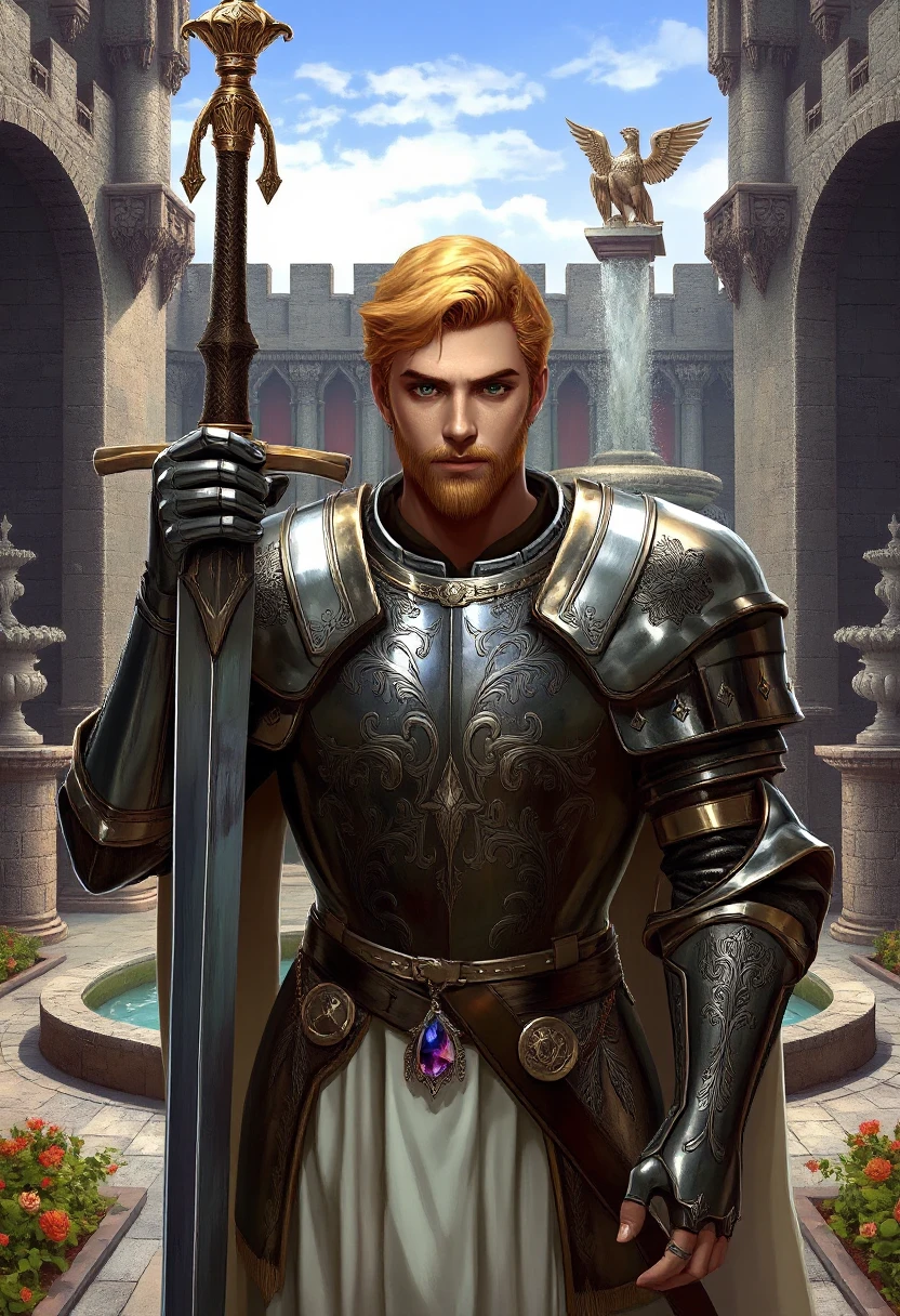 sehele style, Medieval knight, centered, holding a shining broadsword, 1man, regal features, short golden hair and beard, piercing green eyes that seem to bore into your soul, plate armor that's polished to a mirror finish and adorned with intricate engravings. he wears a flowing white tunic underneath, with a delicate silver chain around his neck bearing a small crystal pendant. A grand castle courtyard with stone walls and a large central fountain, surrounded by gardens and walkways.