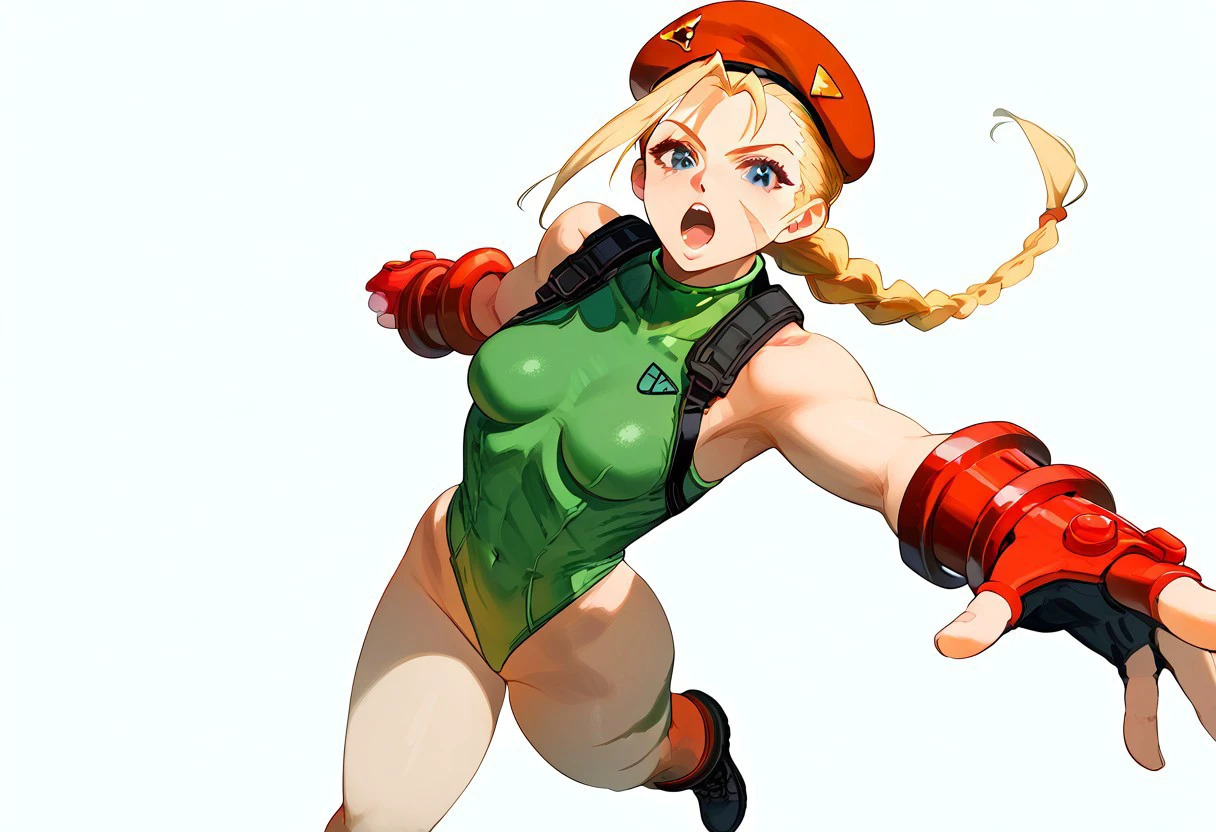 foreshortening, perspective, squashing, distortion, angulation, depth, scale, geometric, dynamic, artistic, 1 girl, solo, open mouth, looking at viewer, light background, simple background, csr style, Cammy, red beret with triangle emblem, green leotard with high collar, black mesh side panels, long red gloves with arm guards, black combat boots, markings on legs, blue eyes, scar, blonde braids, athletic, hips wide, marked waist, high cut leotard, csr style