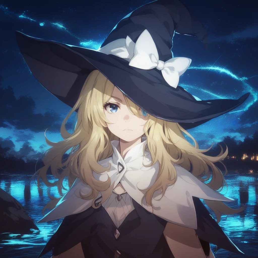 score_9, score_8_up, score_7_up, score_6_up, marie-spearhead, toaru, 1girl, hat, blonde hair, solo, witch hat, blue eyes, long hair, hat bow, bow, looking at viewer, hair over one eye, capelet, closed mouth, anime coloring, white bow, upper body, sky, water, night