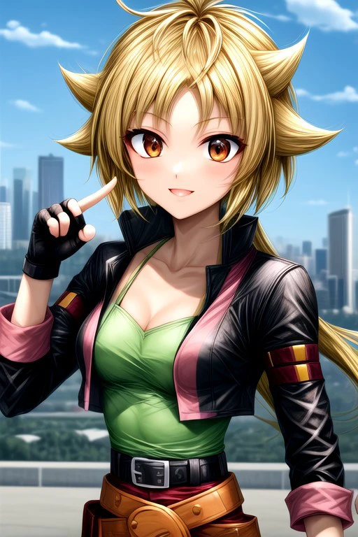 masterpiece_portrait, high quality, canvas, beyblade shogun steel, ren kurenai, 1girl, solo, blonde hair, fingerless gloves, gloves, long hair, breasts, belt, :p, cleavage, brown eyes, medium breasts, black gloves,crop top,midriff, navel, blue sky, city