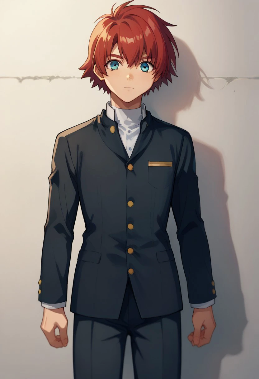 score_9, score_8_up, score_7_up, source_anime, highly detailed, 
reidhershel, solo, male focus, 1boy, red hair, blue eyes, gakuran, school uniform, black uniform, long sleeves, pants, black pants, buttons