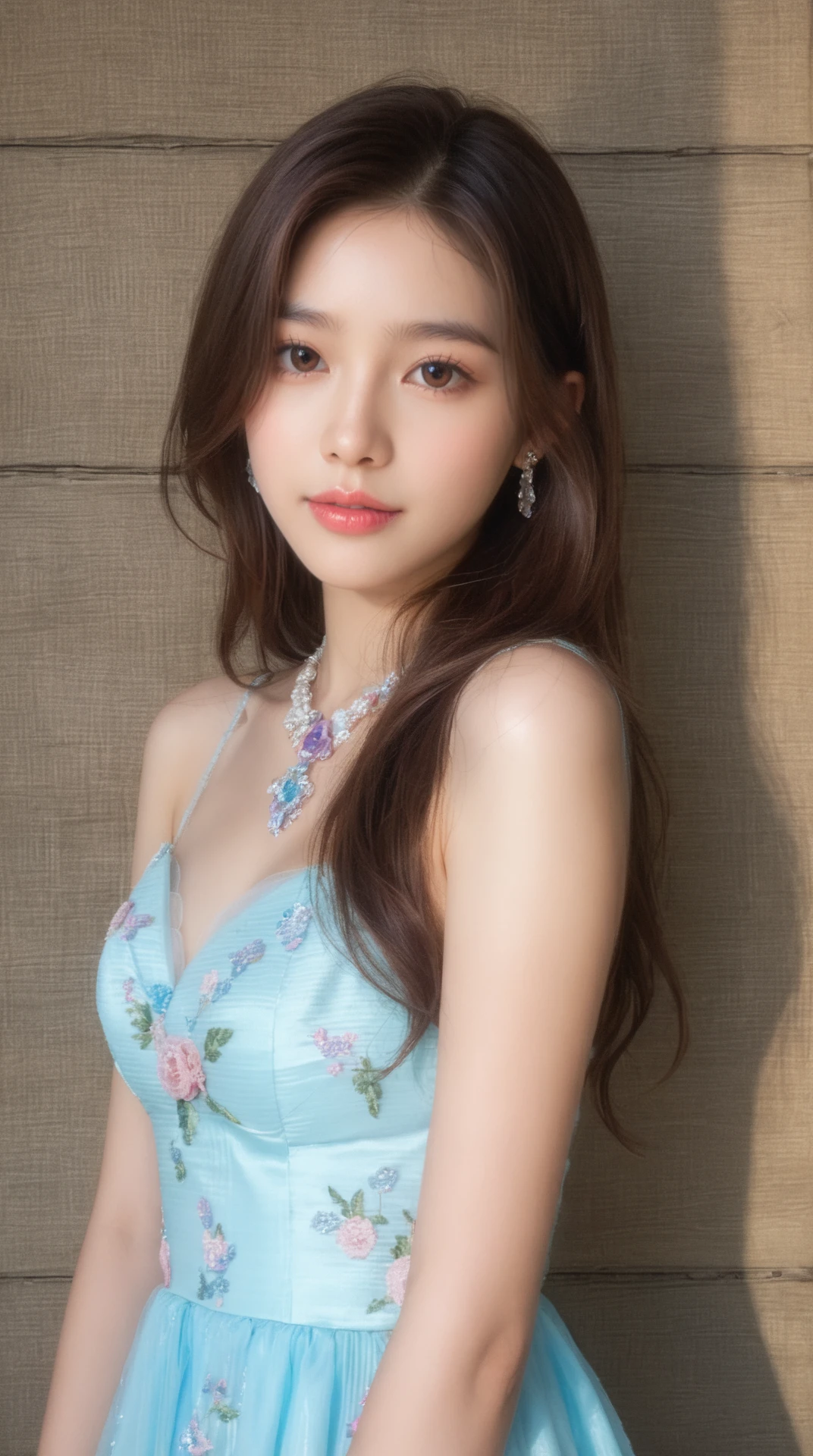 Tzuyu 1, woman, (Realistic), (Hyperrealism), (photoRealistic), Written boundary depth, eye make up:0.7 (whole body:1.8), (Large Bust),(Tight waist), Observe the audience,At the flower garden, Fashion Model, A sexy dress with open shoulders and neckline
