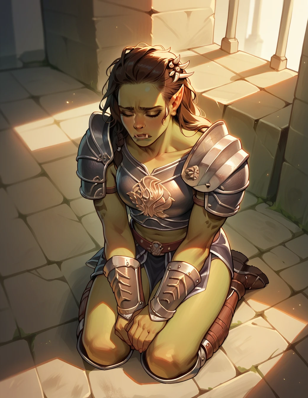 <lora:Garona_WC2016:0.8> garona,1girl, solo, beautiful, armor, warrior, kneeling, sad, orc teeth, closed eyes, score_9, score_8_up, score_7_up, score_6_up, 2d, digital art, masterpiece, <lora:sinfully_stylish_PONY_0.2:0.3> dramatic lighting <lora:incase-ilff-v3-4:0.3> <lora:Expressive_H:0.3> expressiveh <lora:g0th1cPXL:0.3> g0th1cpxl