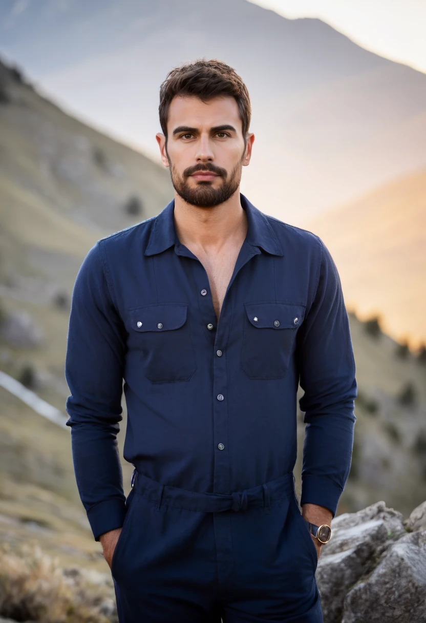 half body photo of a man,th30, facial hair, wearing a jumpsuit, at a mountain, sunset, looking at viewer<lora:Theo_James_2014_SDXL:.9>