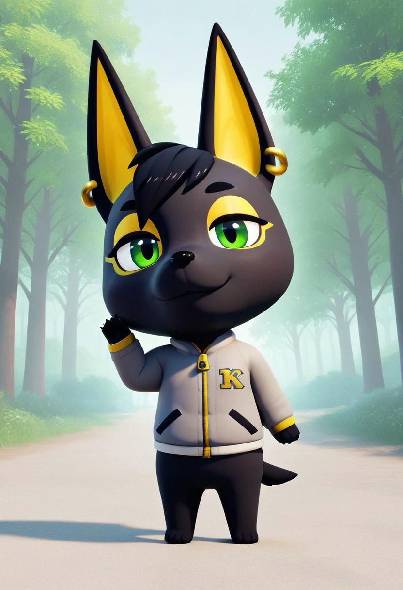 score_9, score_8_up, score_7_up, 3d, animal crossing,
BREAK,
1boy, (Haul Hiliiua, furry, male, black hair, side bang, black body, jackal, canis, canine, earrings, yellow inner ears, gold makeup, green eyes,)
BREAK,
solo, chibi, acs style, grey jacket, zipper, looking at viewer, smile, full body, waving, arm full raised, outdoors, forest, green trees, sky