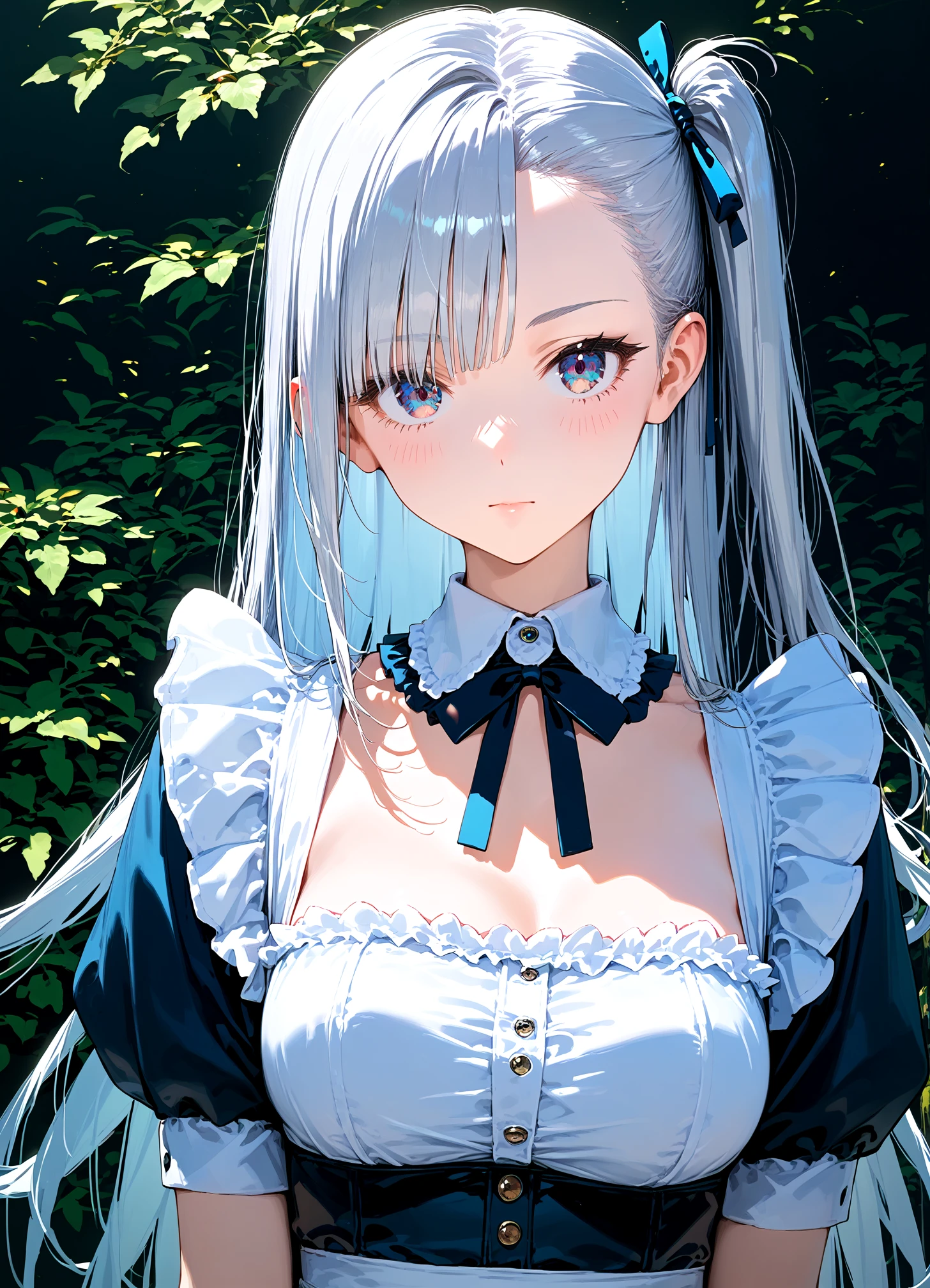 score_9, score_8_up, score_7_up ,source_anime , masterpiece, best quality, perfect anatomy , very aesthetic , official art,BRAKE
1girl, solo, silver hair, one side up, long hair, asymmetrical bangs, maid's outfit, close-up of face, looking at viewer,