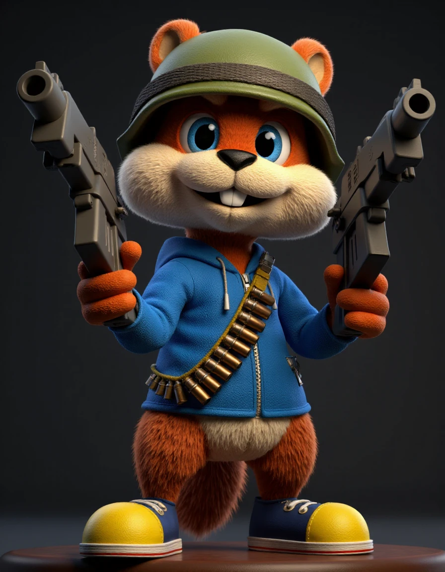 professional 3d model conker the short anthropomorphic cartoon squirrel holding guns, wearing an an army helmet and a bandolier of bullets. <lora:CONKER_FLUX:1> conker, wearing a blue hoodie . octane render, highly detailed, volumetric, dramatic lighting