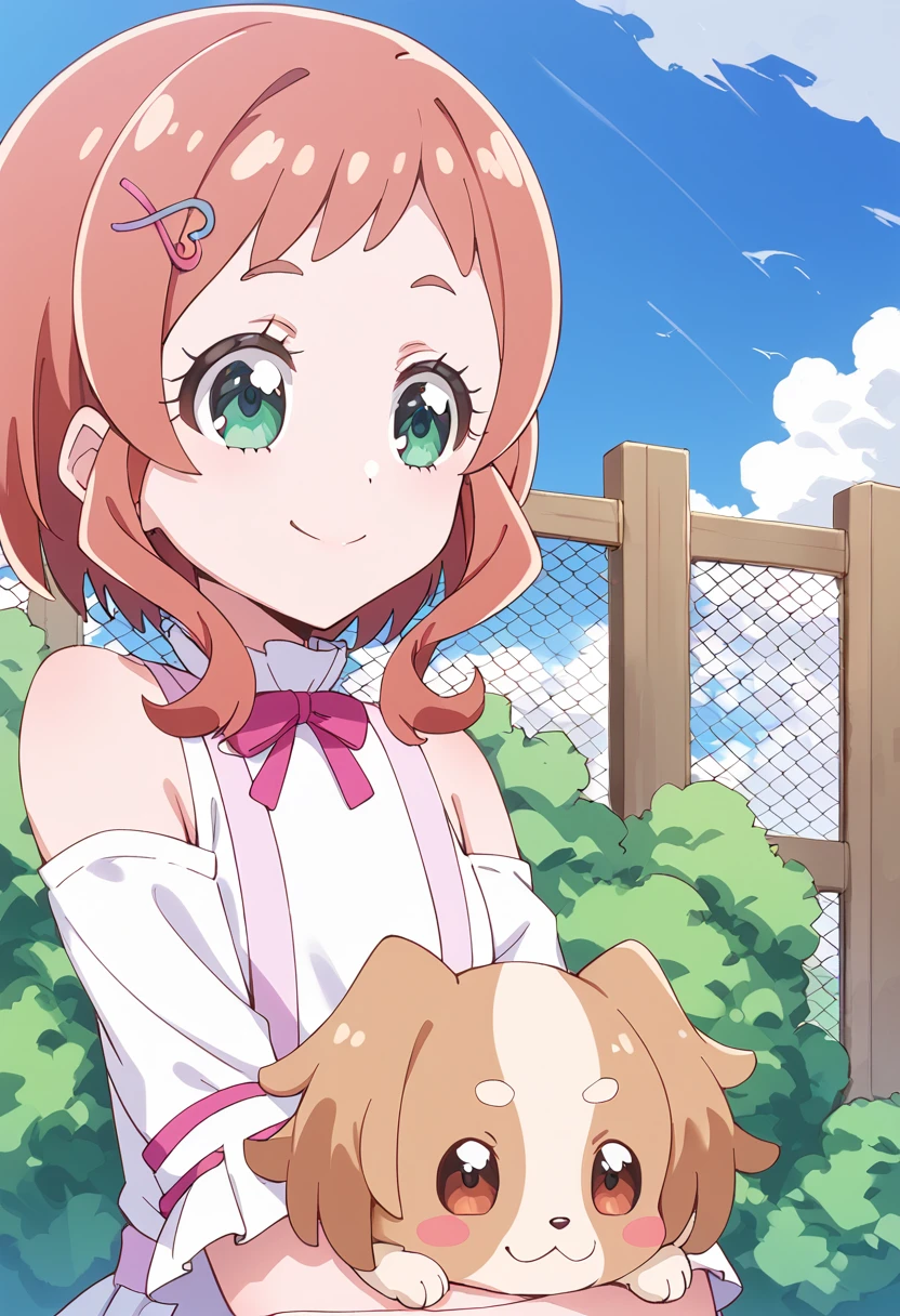 score_9, score_8_up, score_7_up, source_anime, BREAK
inukai iroha, 1girl, smile, pink hair, green eyes, short hair, hairclip, looking at viewer, closed mouth, :3, outdoors, day, tree, red eyes, fence, upper body, blue sky, bare shoulders, bangs, aqua eyes, dog, holding animal, blush stickers, short sleeves, cloud, eyelashes, shiny hair, detached sleeves, crossover, 1other, kmg-dog, crossed arms, white shirt, solo, medium hair, frilled sleeves, orange hair, thick eyebrows, anime coloring, happy, heart hair ornament, animal hug, wooden fence, blush, frills, off shoulder, off-shoulder shirt, hairpin, bow, carrying, sleeveless, x hair ornament, hair behind ear, shoulder cutout, dog ears, cloudy sky, bush, white dress, white sleeves, brown eyes, red hair, creature, looking at another, looking down, holding dog
<lora:cure_friendy_inukai_iroha_sdxl_locon_pony_v1:0.7>