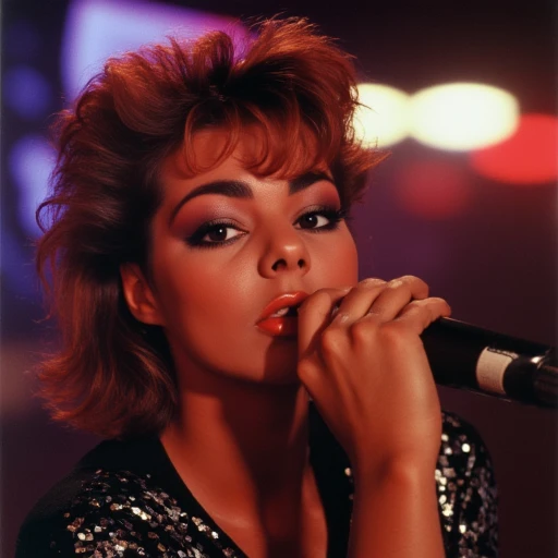 A female 80s popstar, detailed face, detailed eyes, in a bar