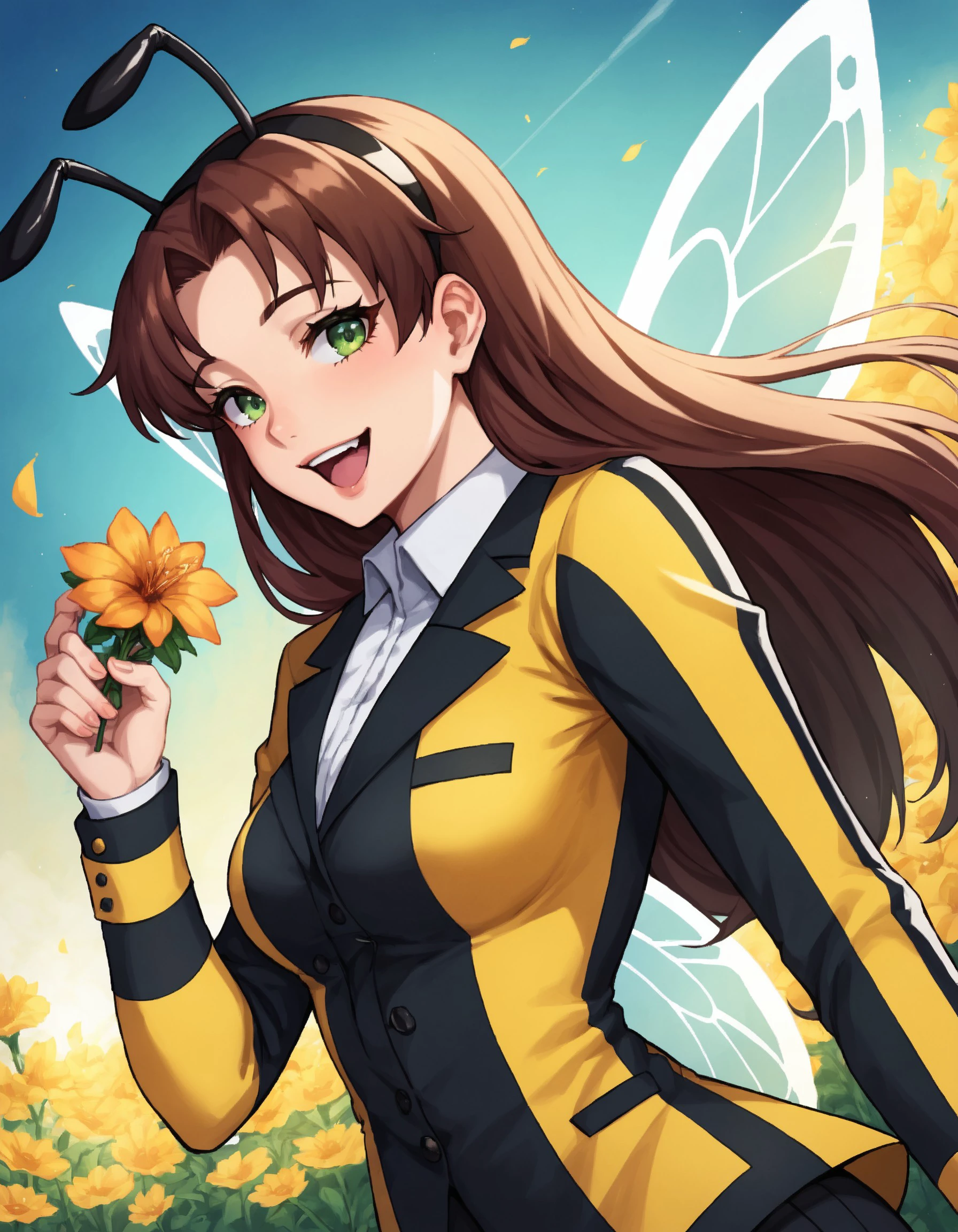 (masterpiece), best quality, expressive eyes, perfect face, score_9, score_8_up, score_7_up, source_anime, 1girl, solo, BREAK, olga, brown hair, long hair, green eyes, pretty, hefty, happy, smooth body, shiny skin, BREAK, bee costume,striped suit, black and yellow suit, wings, antennae, holding flowers, flying, floating in space, pose, BREAK, flower field, sky, forest, BREAK, symmetrical, soft lighting, vibrant colors, detailed face, concept art, digital painting, stunning, highly detailed, 8k, intricate, cinematic, dehazed, atmospheric, highres, best quality, colorful, detailed eyes, cowboy shot, dutch angle, <lora:e58ee858-e558-4028-8798-46dbfac6ad49:0.6>