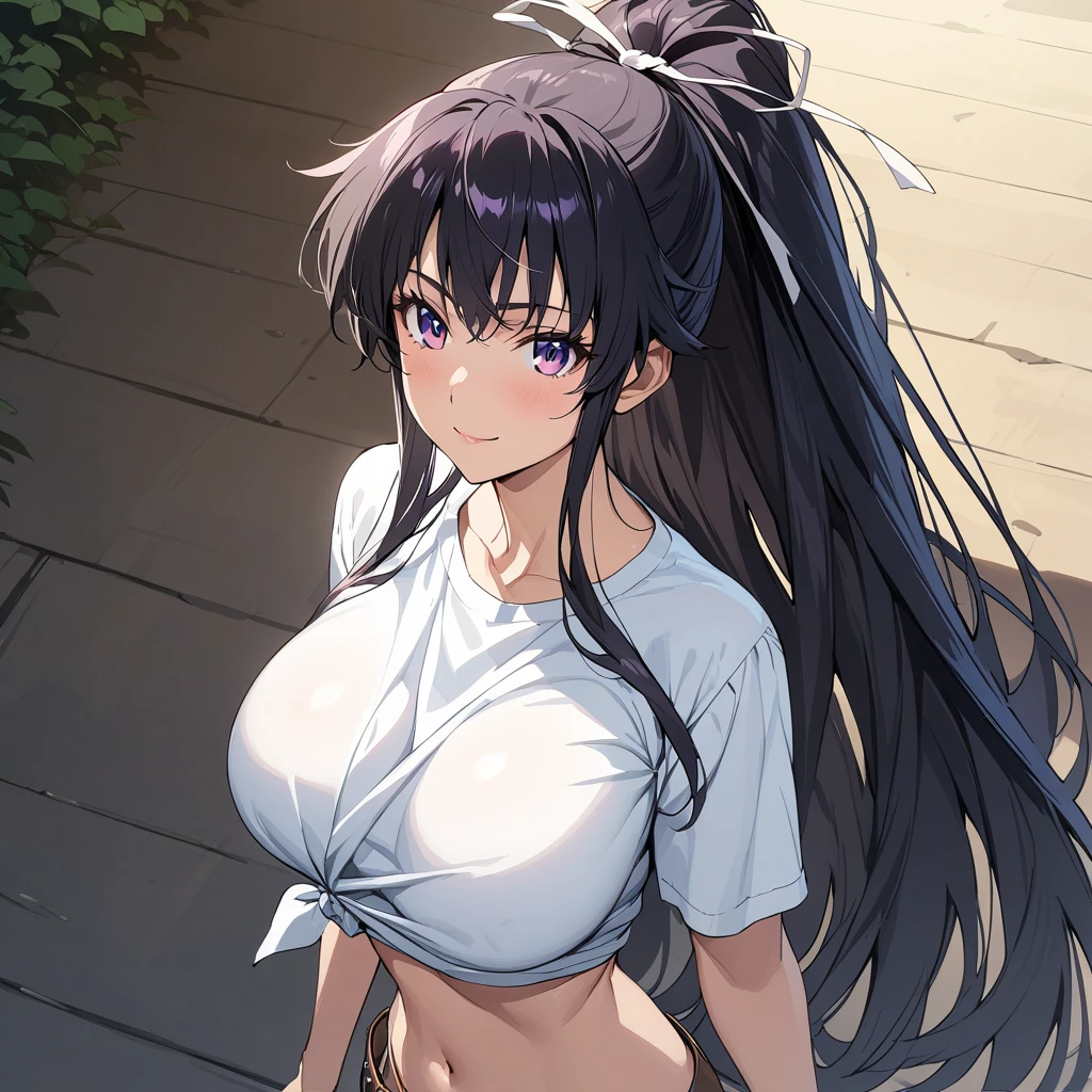 (masterpiece),(best quality),(ultra-detailed),(best illustration),(best shadow),(absurdres),(detailed background),(very aesthetic), kanzaki_kaori, 1girl, solo, black hair, purple eyes, long hair, large breasts, navel, midriff, very long hair, side tied shirt, white t shirt , belt, ribbon, smile, upper body, portrait, close up, anime coloring<lora:Kanzaki_Kaori:1>